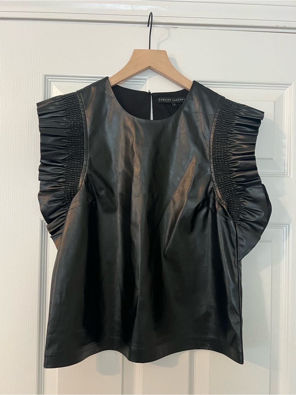 NWOT English Factory Black Faux-Leather Ruffle Sleeve Top